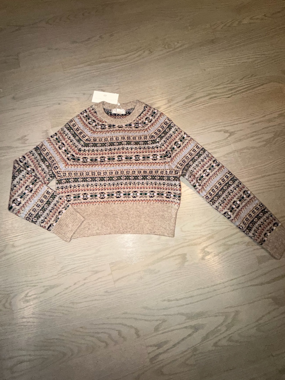 Caroline Constas Cream Fair Isle Knit sweater with Pink and Blue Accents